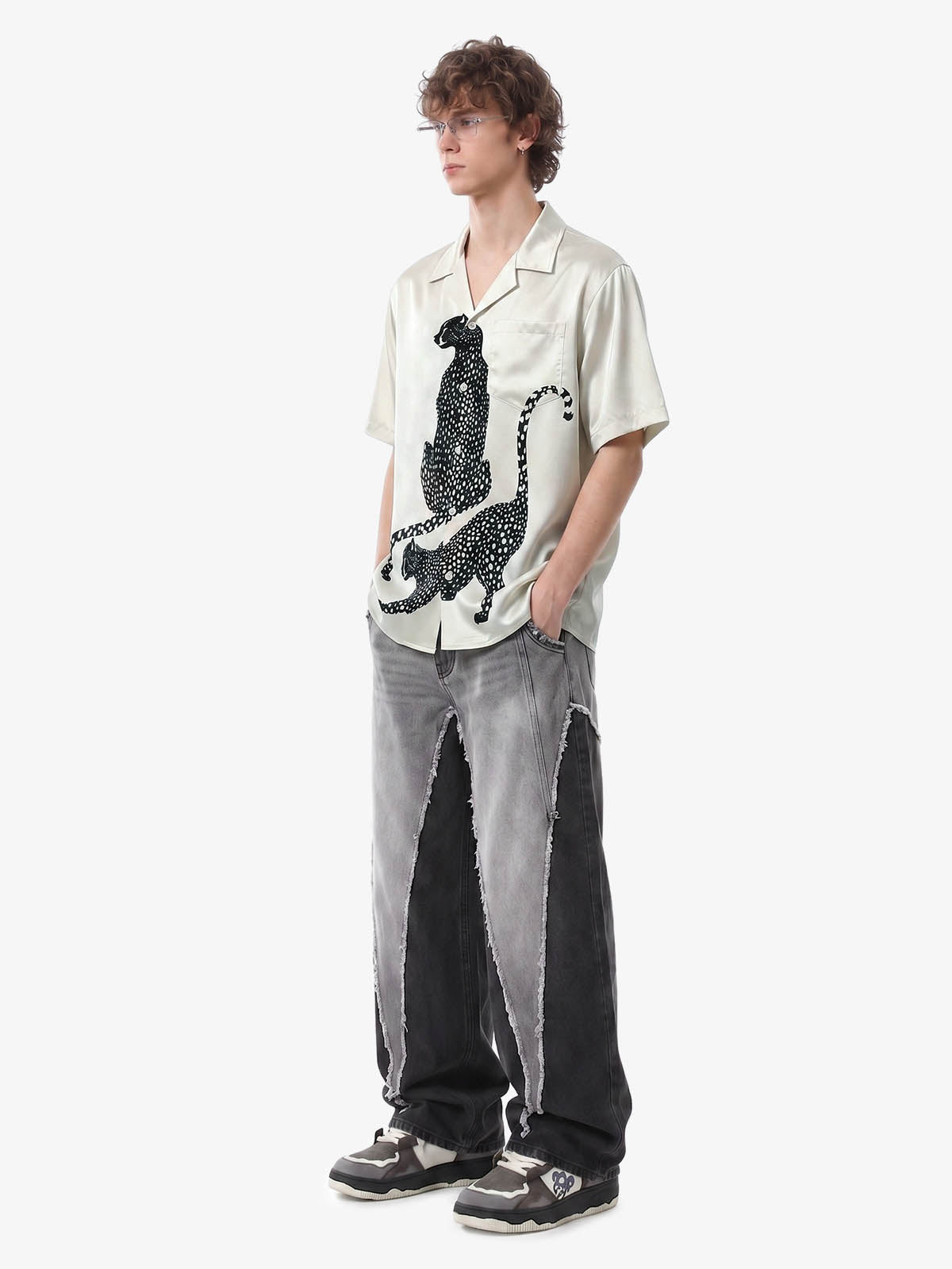 Double Cheetah Graphic Satin Camp Collar Boxy Shirt 