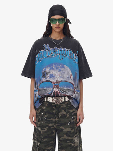 Jersey Knit Street Retro Skull Graffiti Print T-Shirt 