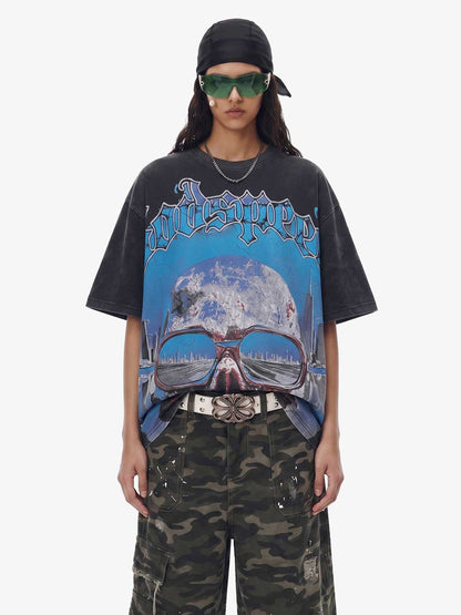 Jersey Knit Street Retro Skull Graffiti Print T-Shirt 