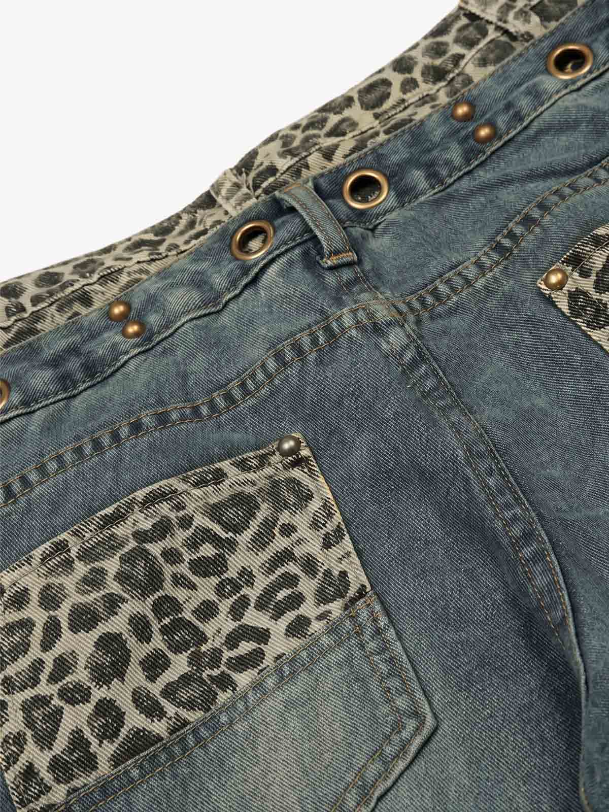 Y2K Double Waistband Leopard Print Wide Leg Jeans 