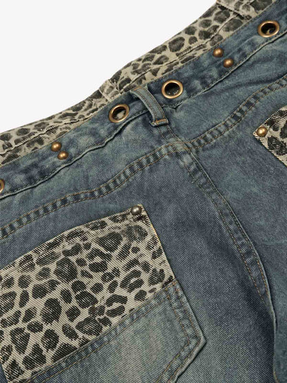 Y2K Double Waistband Leopard Print Wide Leg Jeans 