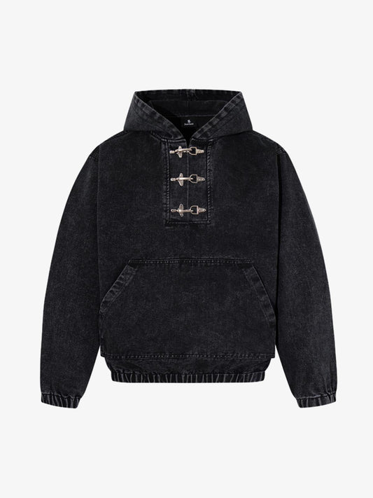 Vintage Washed Denim Metal Toggle Detail Pullover Hoodie 