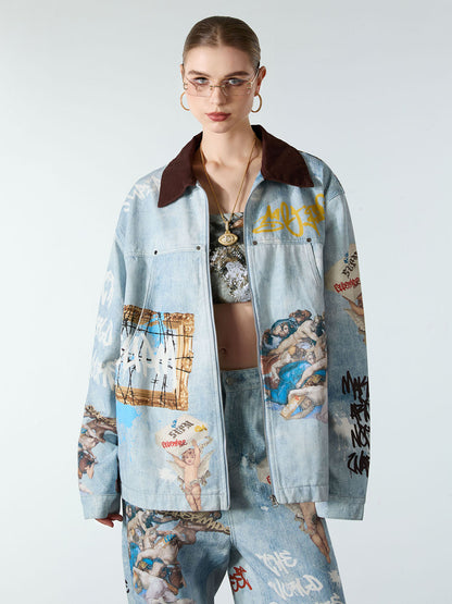 Artistic Patches Graphic  Distressed Denim Jacket - 2573 