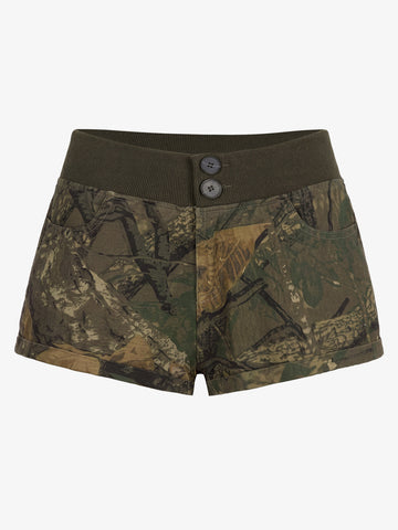 Camo Corduroy Wide-Leg Trousers – Elastic Waist Button Closure Pants