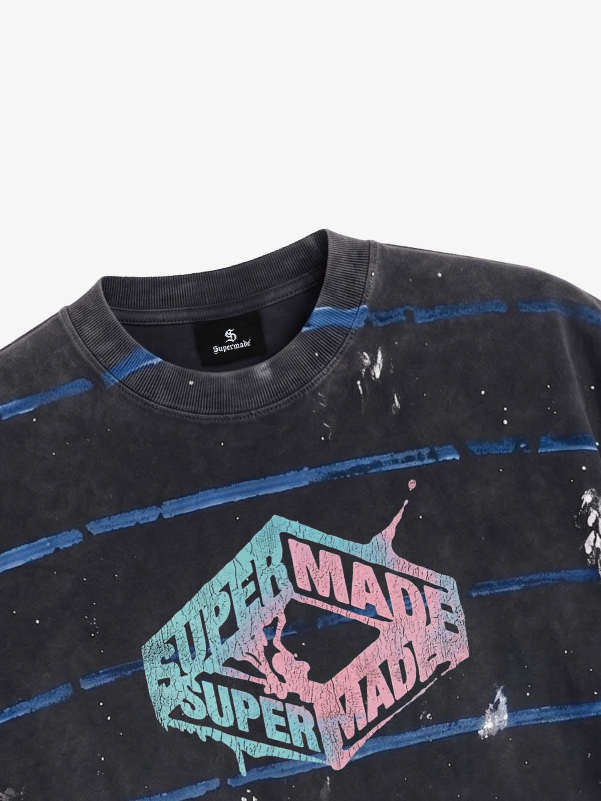 Vintage Washed Striped Paint Splatter Graphic T-Shirt
