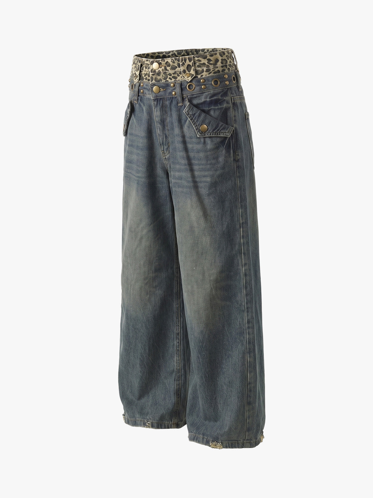 Y2K Double Waistband Leopard Print Wide Leg Jeans 