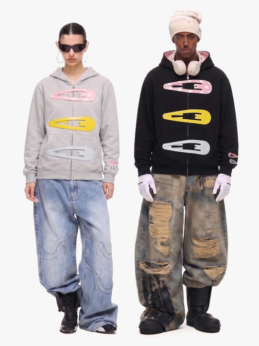 Abnehmbarer Haarspangen-Verzierungs-Reißverschluss-Hoodie