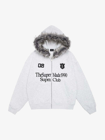 Letter Medal Embroidered Cardigan Fur Collar Zip Up Hoodie- 2502 