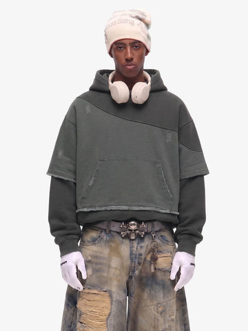 Distressed Patchwork Raw-Edge Layered-Hem Fleece Hoodie 