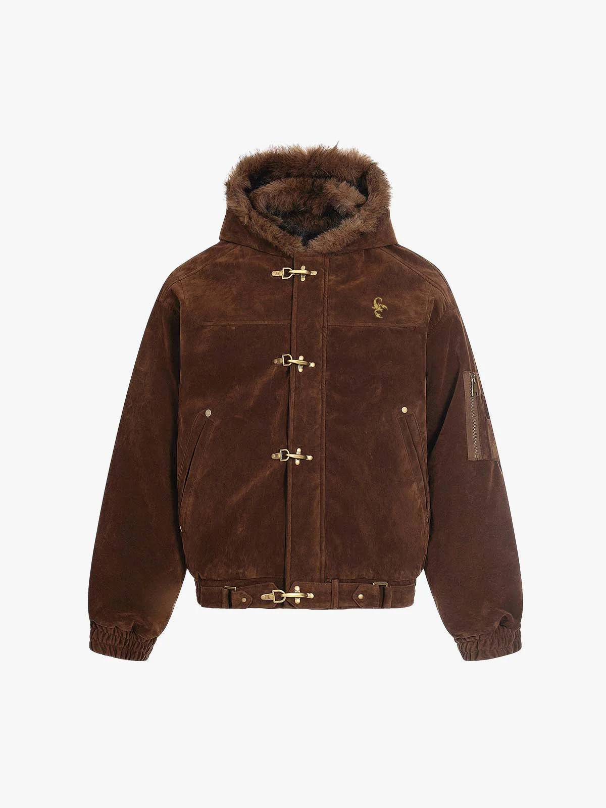 Streetwear Bomberjacke aus Wildlederimitat mit Kunstfellkapuze und Metallclip - 2597