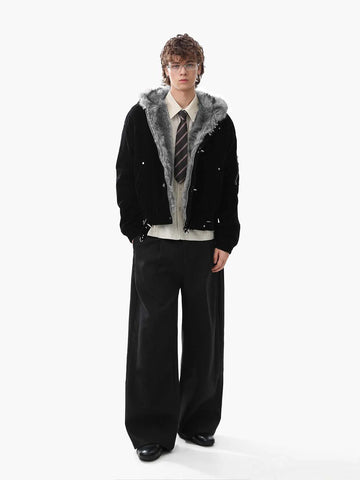 Streetwear Bomberjacke aus Wildlederimitat mit Kunstfellkapuze und Metallclip - 2597