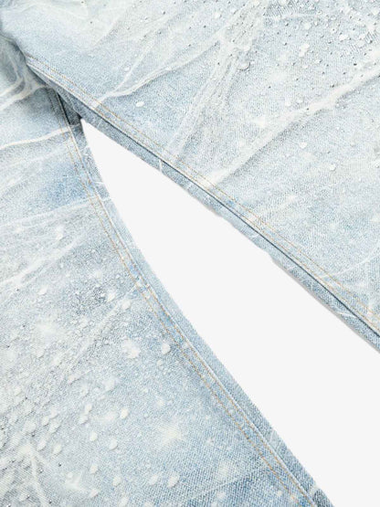 Vintage Washed Rhinestone Wide Leg Denim Jeans 