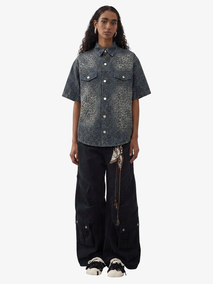 Vintage Leopard Print Washed Denim Short Sleeve Shirt 
