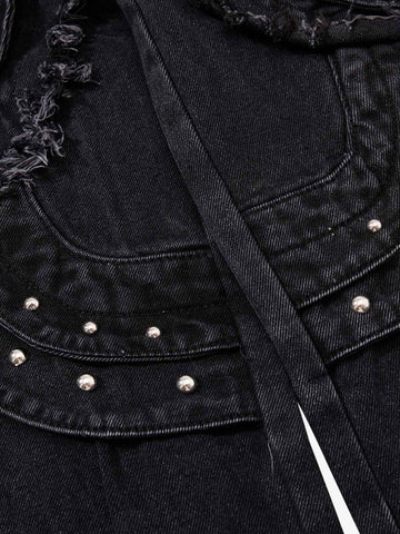 Dark Wash Denim Pants with Silver Studs – Relaxed Fit Streetwear Jeans