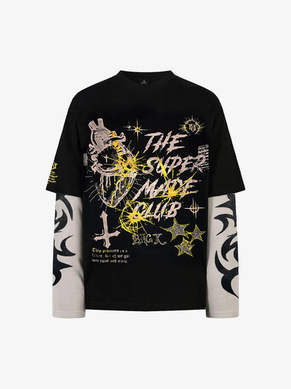 Hip-Hop Punk Faux Two-Piece Long-Sleeved T-Shirt - 2457 
