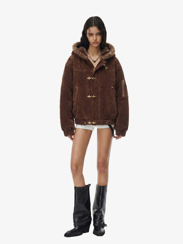 Streetwear Bomberjacke aus Wildlederimitat mit Kunstfellkapuze und Metallclip - 2597