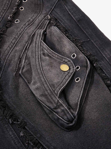 Distressed Black Denim Crop Jacket – Oversized Ripped Cotton Streetwear