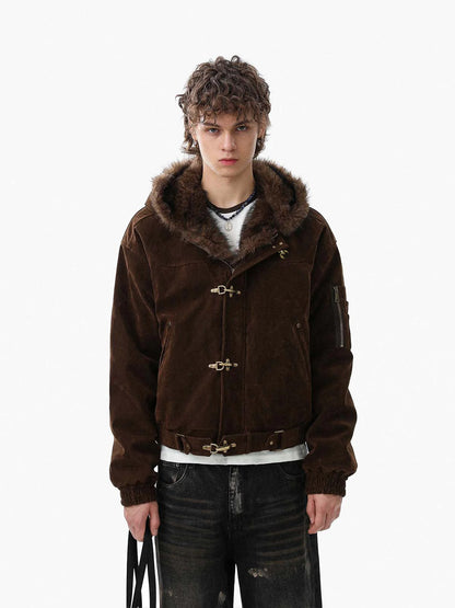 Streetwear Bomberjacke aus Wildlederimitat mit Kunstfellkapuze und Metallclip - 2597
