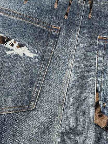 Vintage Washed Tiger Print Wide Leg Denim Jeans 