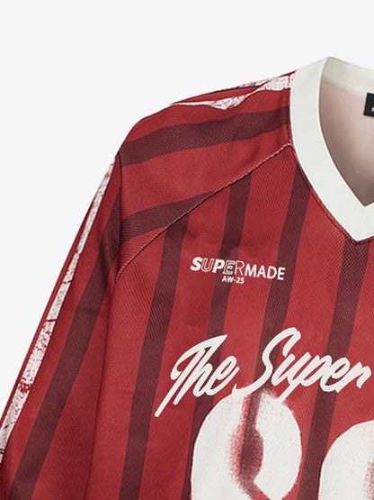 Retro Striped 88 Print Graphic Jersey Long-Sleeved T-Shirt - 2618 