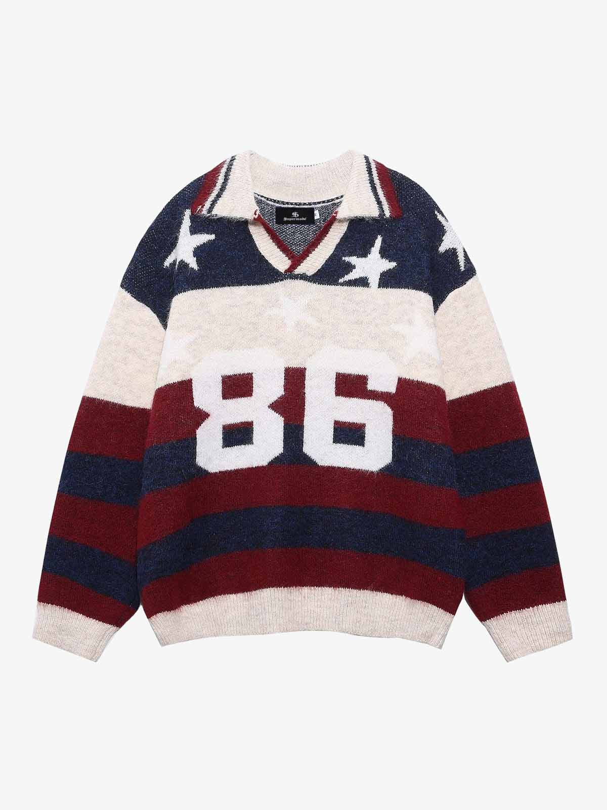 Retro Star Patchwork Striped V-Neck Polo Sweater 