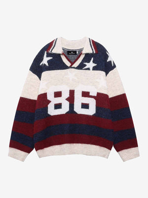 Retro Star Patchwork Striped V-Neck Polo Sweater 