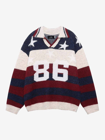 Retro Star Patchwork Striped V-Neck Polo Sweater 
