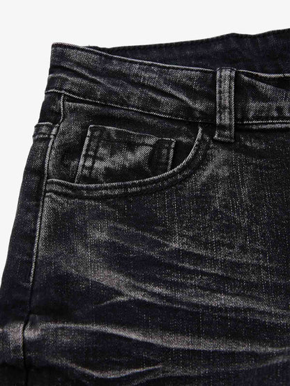 Vintage Distressed Button Fly Ruched Panel Flared Jeans 