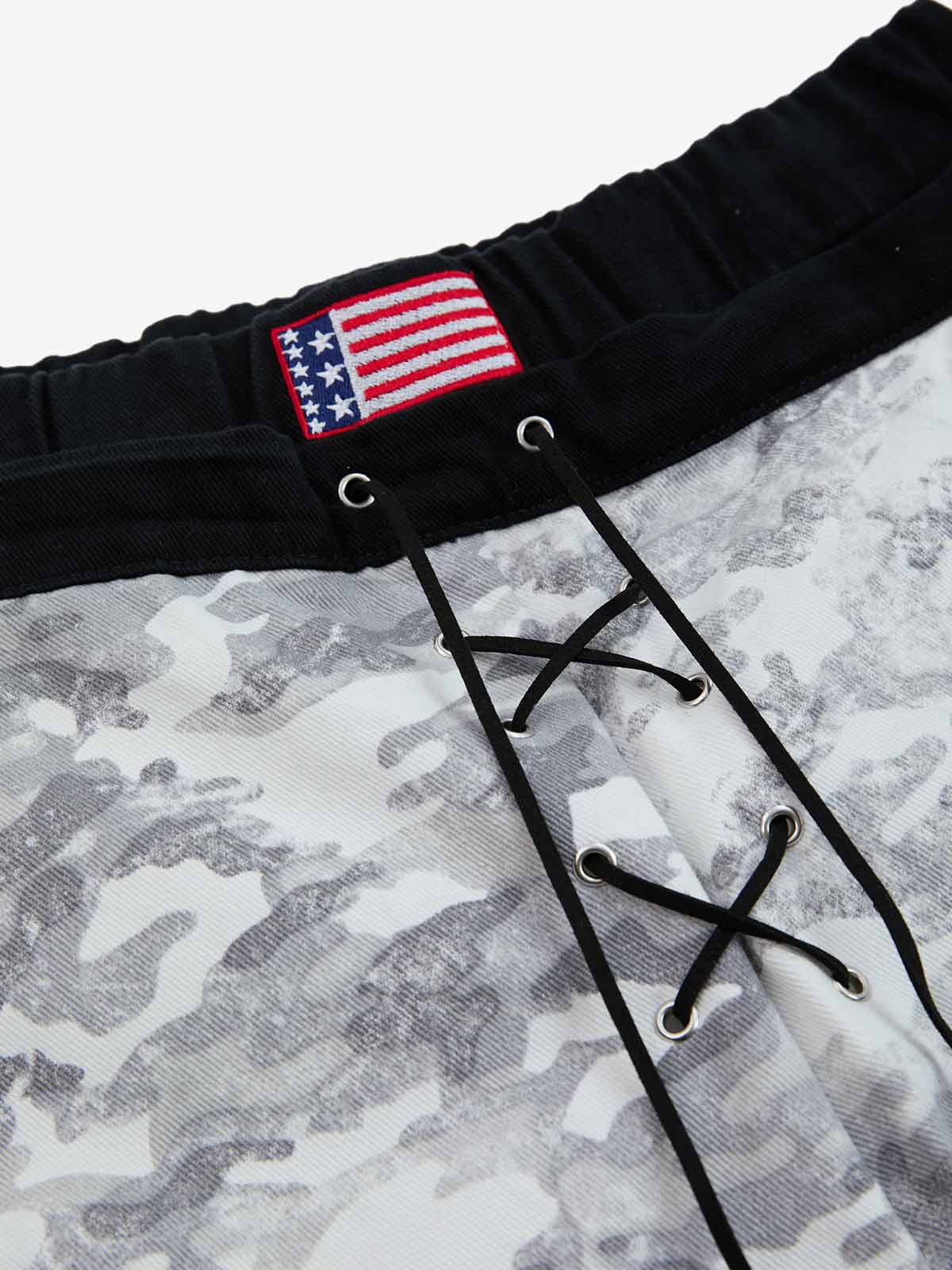 Camo Embroidered Double Waist Lace-Up Wide Leg Cargo Pants - 2599 