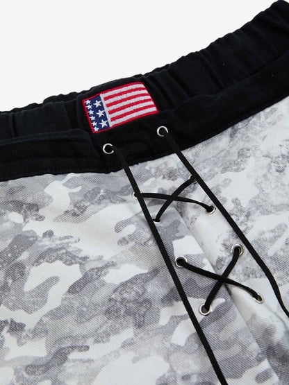 Camo Embroidered Double Waist Lace-Up Wide Leg Cargo Pants - 2599 