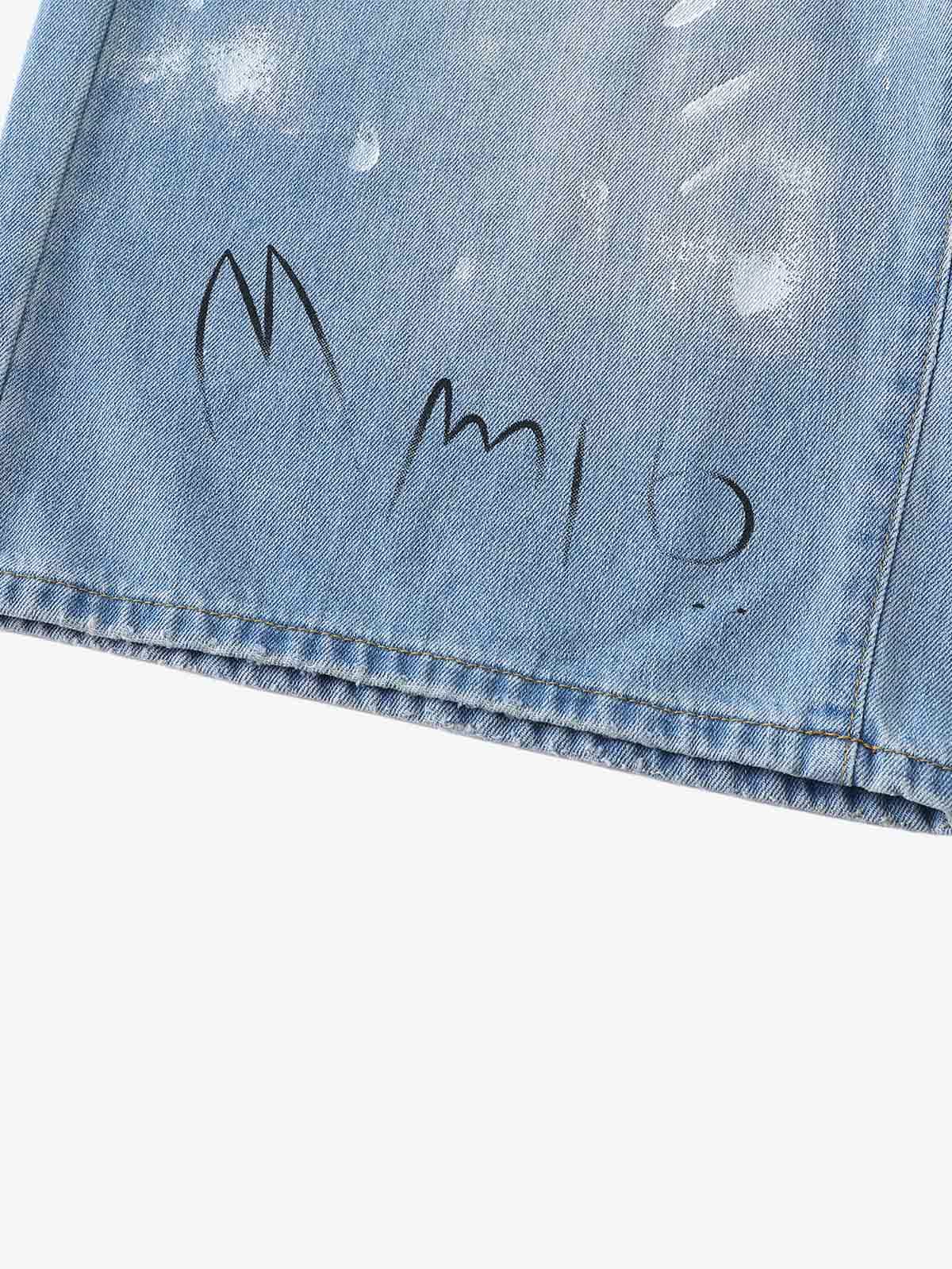 Light Wash Distressed Denim Shorts – Graffiti Print Wide-Leg Streetwear