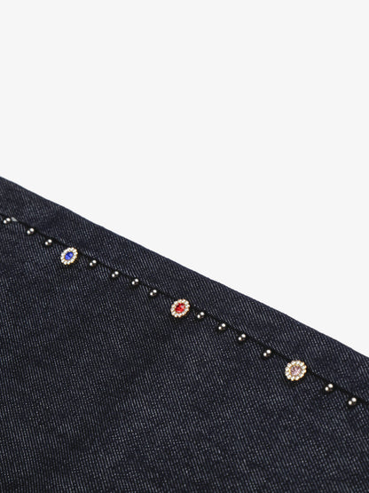 Dark Wash Denim Bermuda Shorts with Side Stripe Rhinestone Detail – Relaxed Fit Cotton Shorts