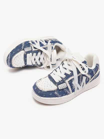 Street Distressed Denim Patchwork Sneakers 