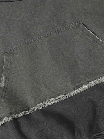 Distressed Patchwork Raw-Edge Layered-Hem Fleece Hoodie 