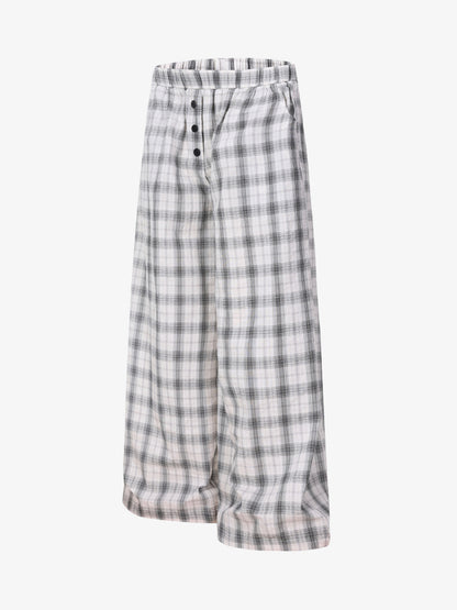 Plaid Wide-Leg Pants with Button-Front Waistband – Cotton Blend Relaxed Fit Casual Trousers