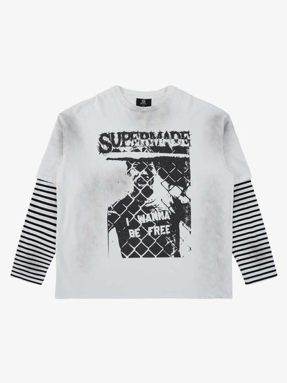 Grunge Graphic Distressed Cage Striped Long-Sleeve T-Shirt 