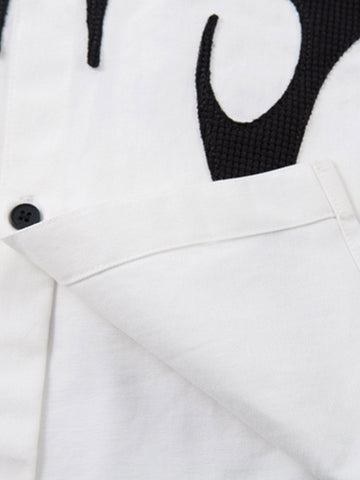 Cotton Blend Short Sleeve Shirt with Black Flame Print Long Sleeve Insert, Stylish Contrast Design for Men and Women 