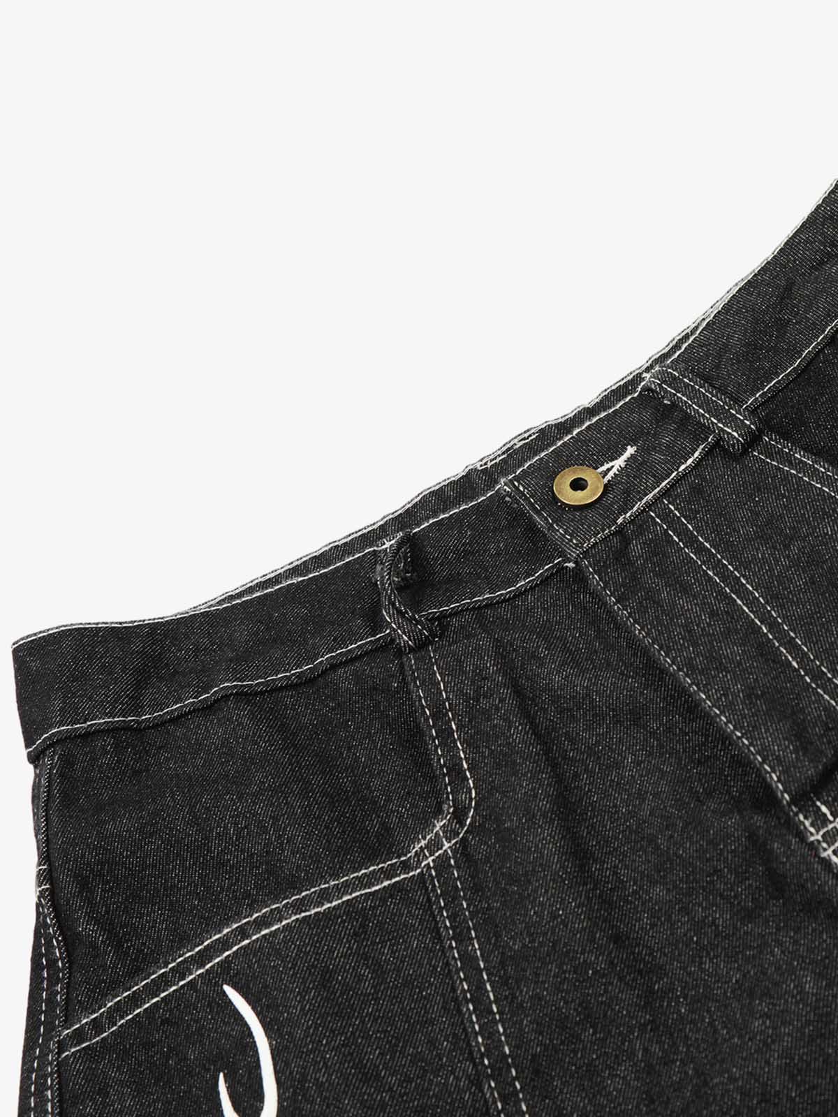 Contrast Stitching Flame Denim Shorts 