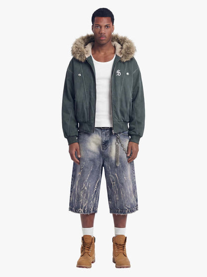 Faux Fur Lined Zip Up Winter Hooded Bomber Jacket - 2560 