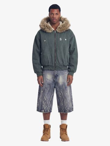 Faux Fur Lined Zip Up Winter Hooded Bomber Jacket - 2560 
