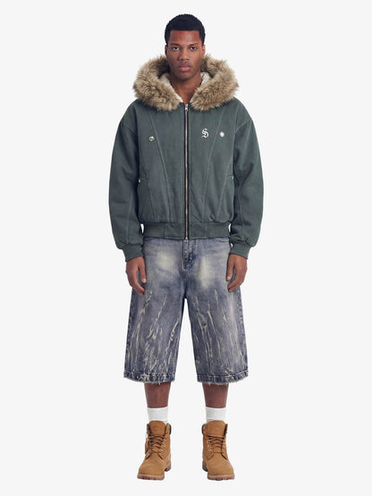 Faux Fur Lined Zip Up Winter Hooded Bomber Jacket - 2560 