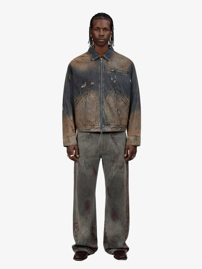 Vintage Washed Distressed Denim Zip Up Jacket 