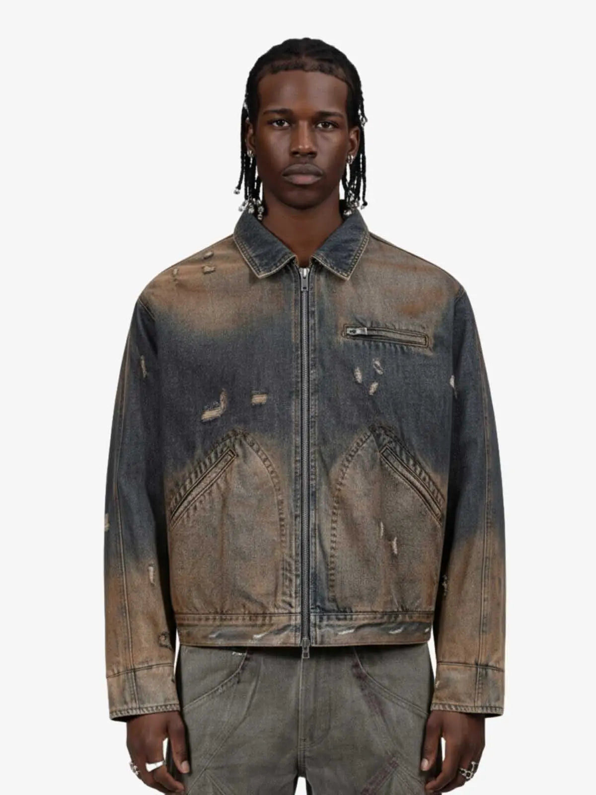 Vintage Washed Distressed Denim Zip Up Jacket 