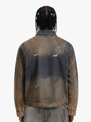 Vintage Washed Distressed Denim Zip Up Jacket 
