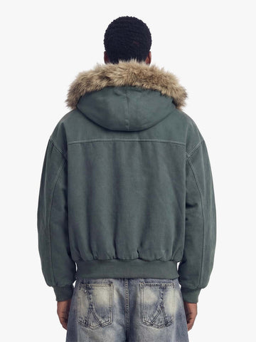 Faux Fur Lined Zip Up Winter Hooded Bomber Jacket - 2560 