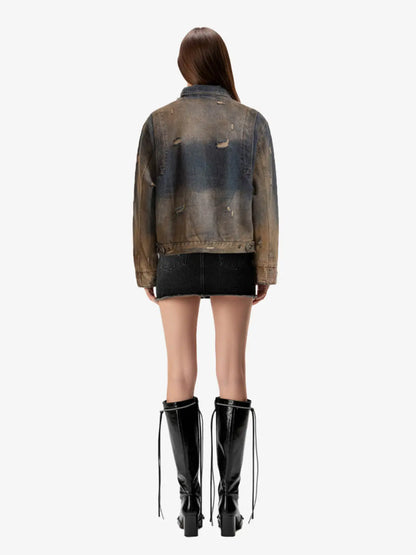 Vintage Washed Distressed Denim Zip Up Jacket 