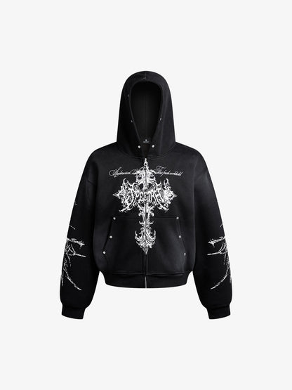 Street Wasteland Washed Cross Print Zip Up Hoodie - 2561 