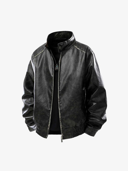 Retro Leather Stand-Collar Elastic Hem Jacket 