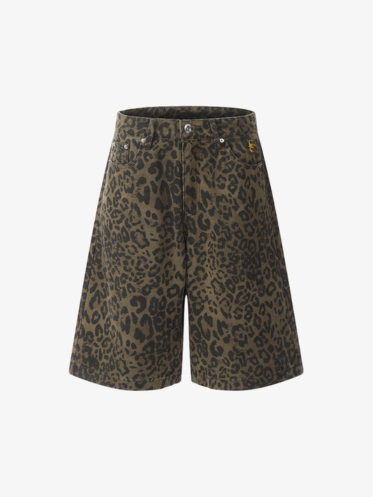 Leopardenmuster Baumwoll-Jorts mit weitem Bein
