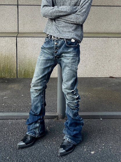 Vintage Distressed Button Fly Ruched Panel Flared Jeans 